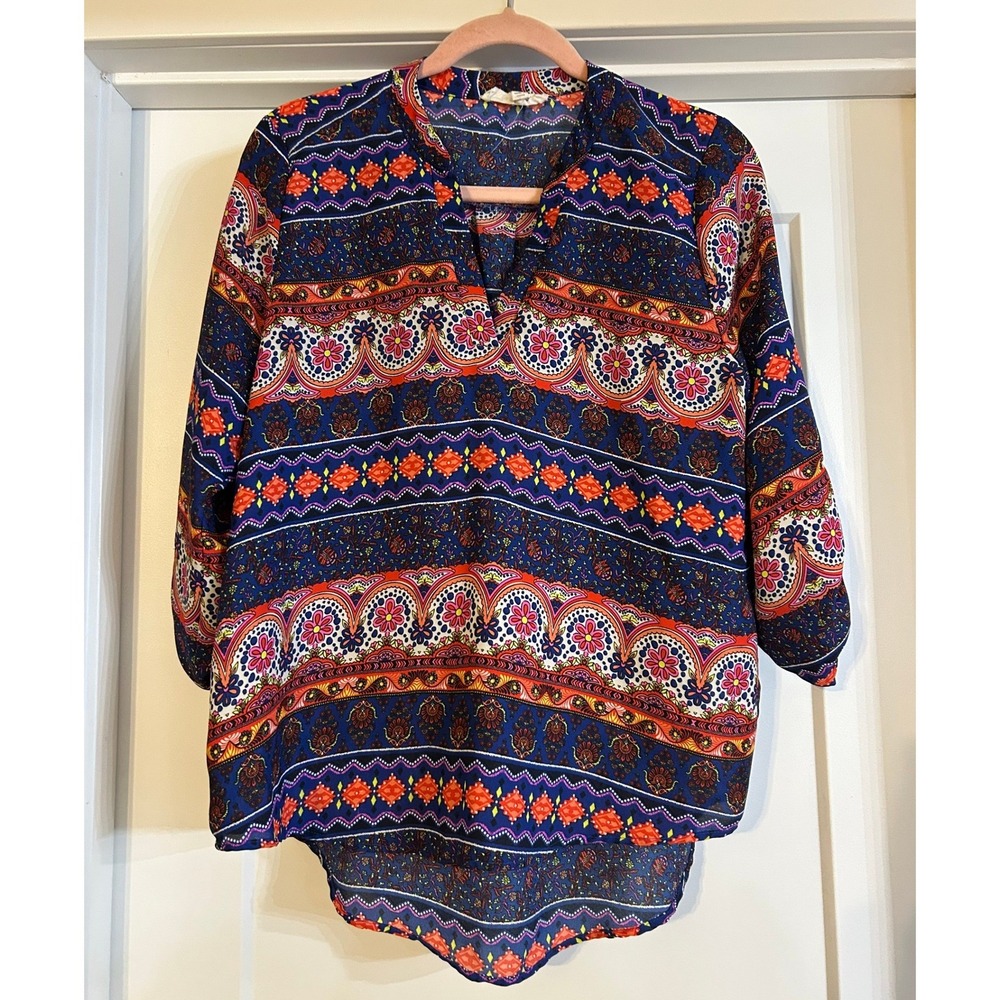 Pink Rose‎ Womens Blue Orange Floral Top Large 3/4 Sleeve Boho Paisley Vibrant